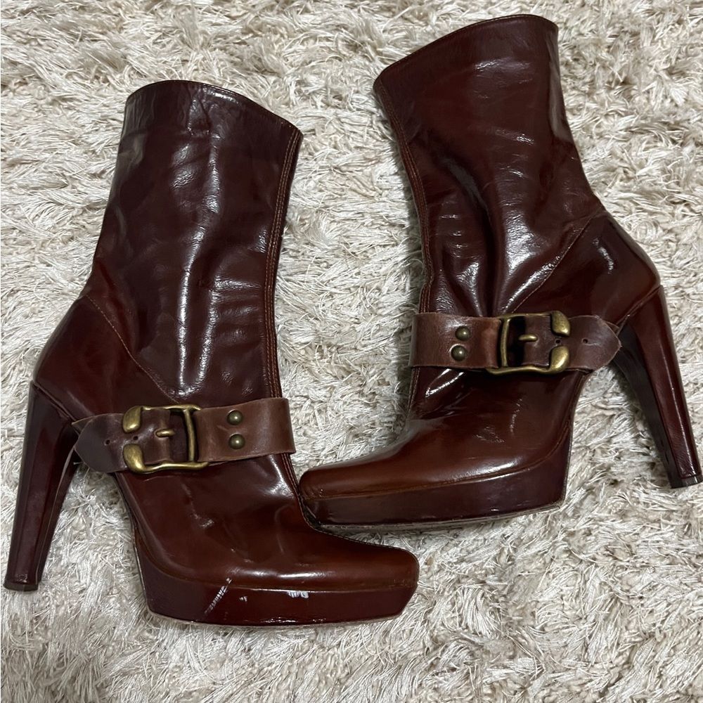 Antik Denim Burgundy Heeled Boots With Buckle Accent Size 7 1/2
